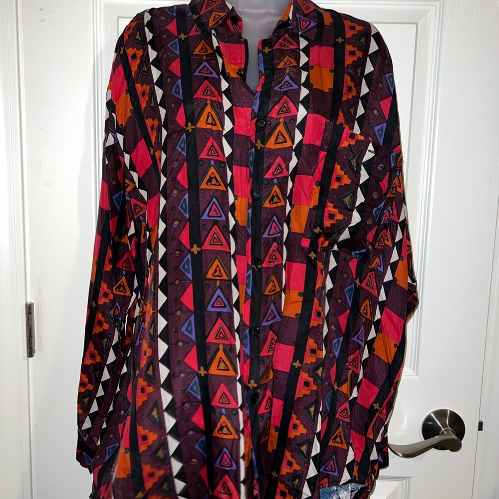 Vintage All Silk Button Down Blouse Funky Fun Patterned Long Sleeve Top - Picture 4 of 5